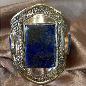 Tribal Lapis Lazuli Lajward Blue 3 Stone Cuff Southwestern Adjustable Cuff